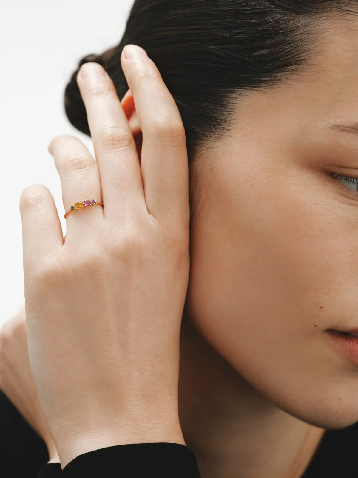 Anillo de oro amarillo de 9K con cuarzo citrino, rodolita, amatista negra, turmalina verde y diamante - Image 4