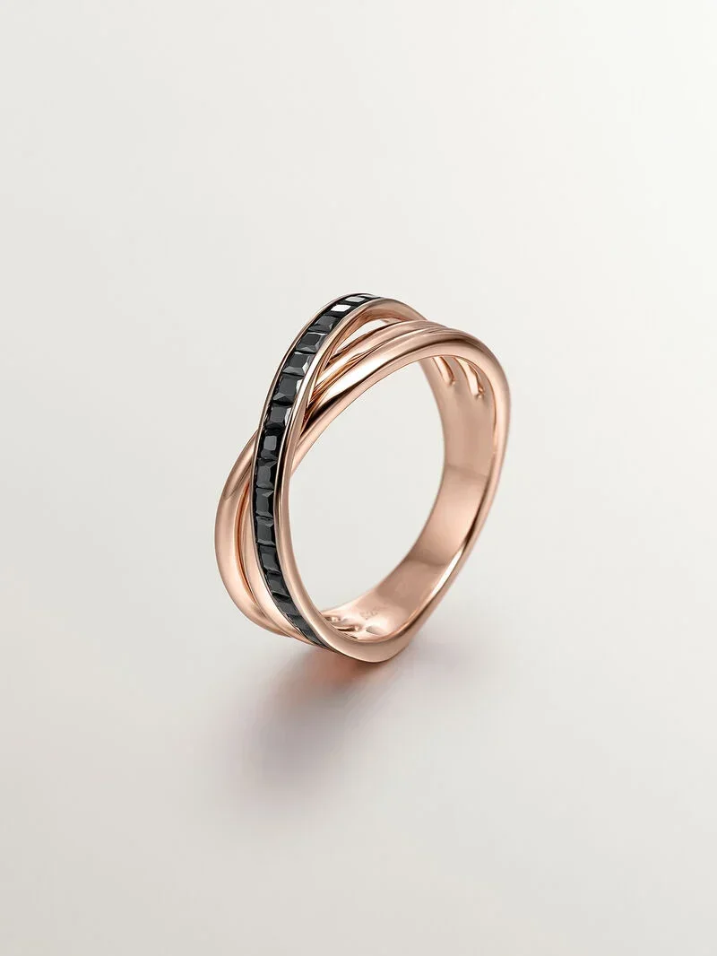 Anillo doble de plata 925 bañada en oro rosa de 18K con espinelas negras - Image 2