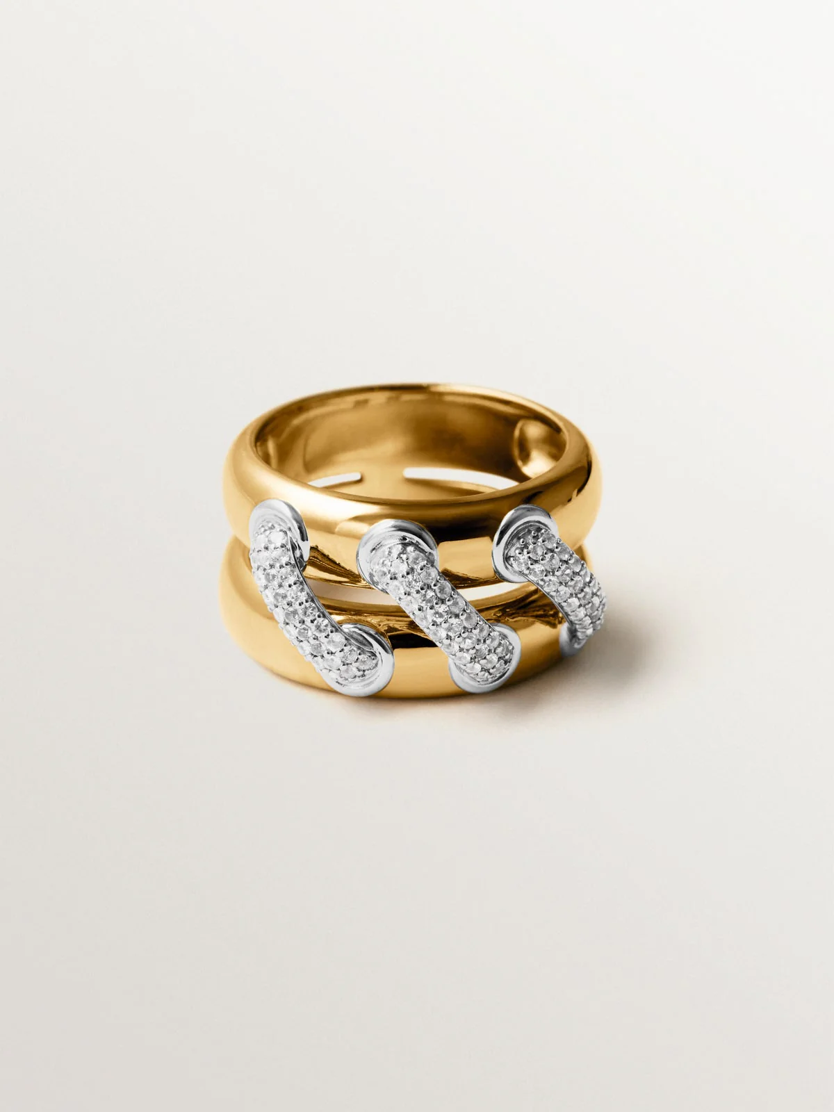 Anillo doble de plata 925 bañada en rodio y oro amarillo de 18K con pavé de topacios blancos - Image 3