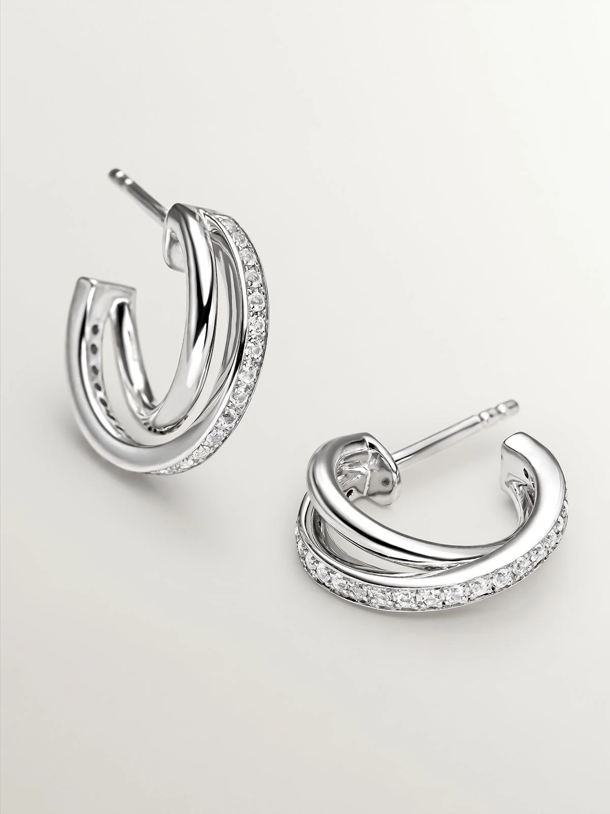 Pendientes de aro doble de plata 925 con topacios blancos - Image 9