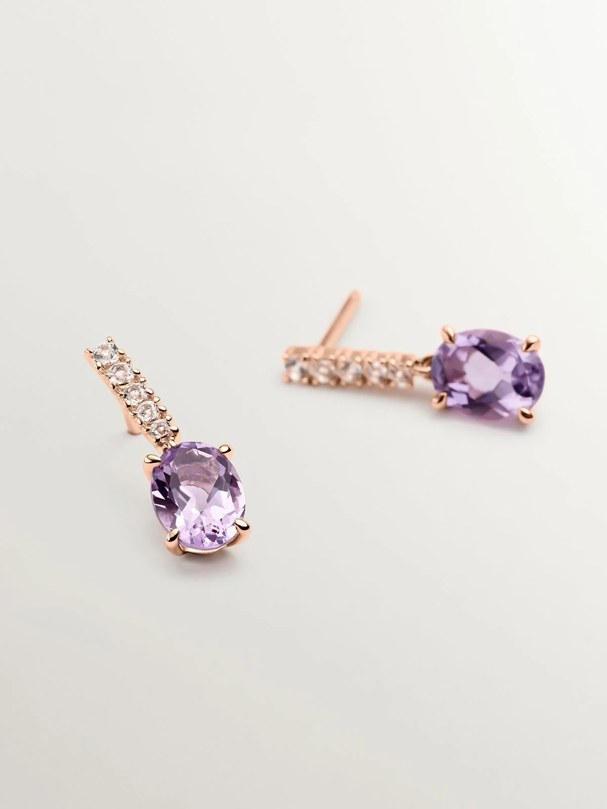 Pendientes de plata 925 bañada en oro rosa de 18K con amatista rosa y topacios blancos - Image 5