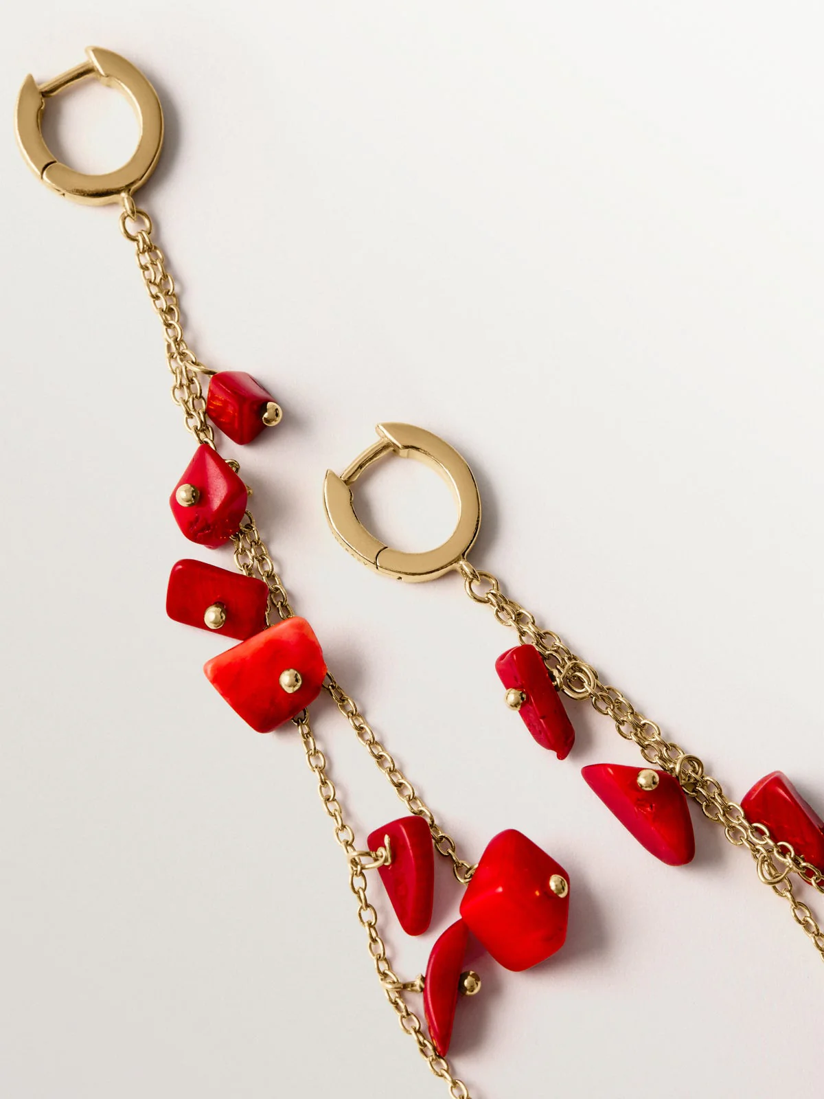 Pendientes largos de plata 925 bañada en oro amarillo de 18K con coral rojo - Image 5